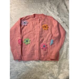 Title:Pink Flower Cardigan Size L Cute Floral Knit Sweater Y2K